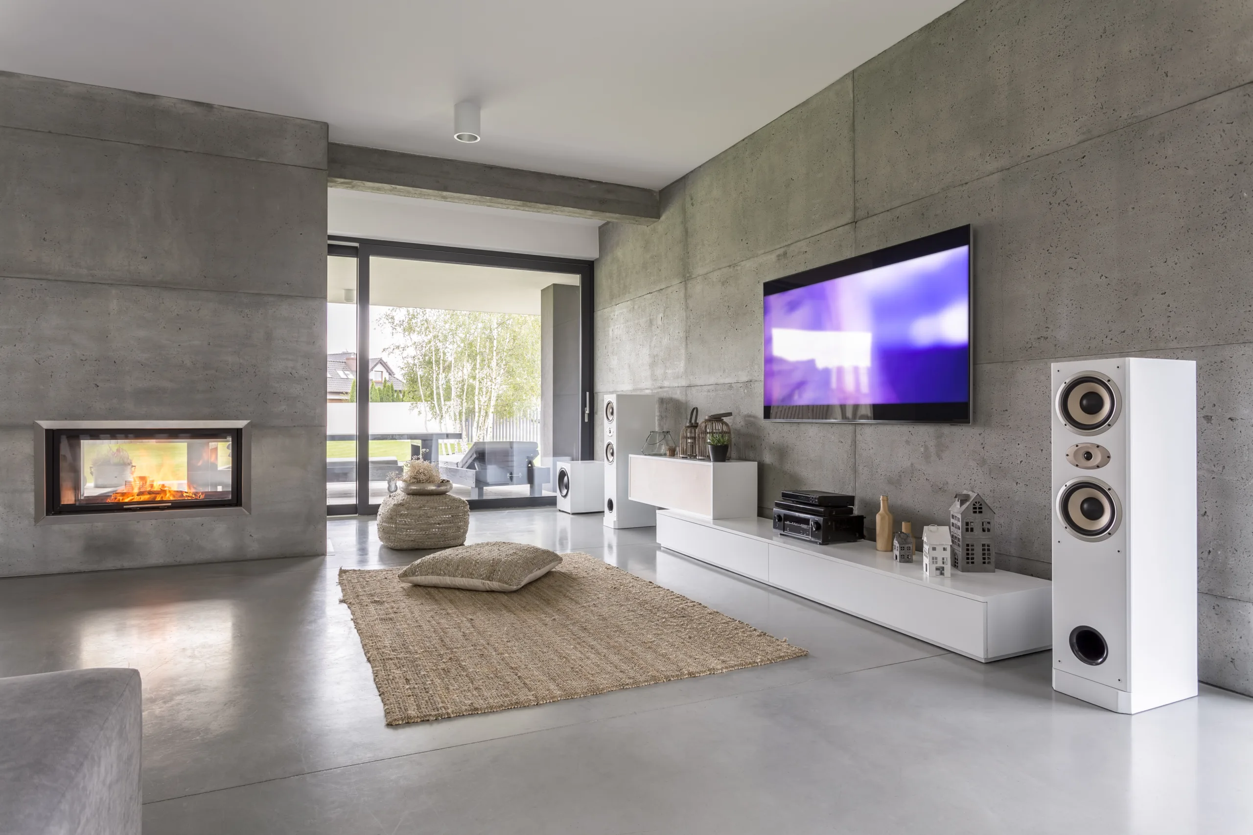 shutterstock_554246170 A modern living room with concrete walls and a fireplace.